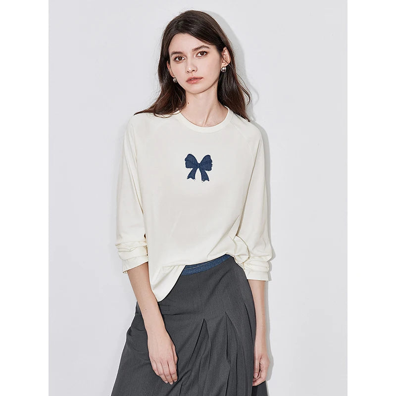 Blusa Feminina Raglan Color Block com Laço em Jeans