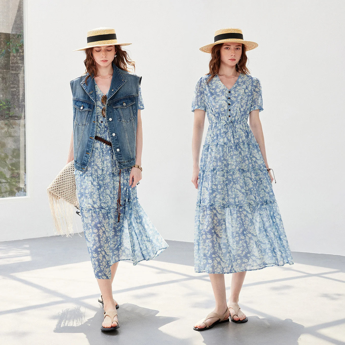 Vestido Longo de Chiffon Floral com Decote V