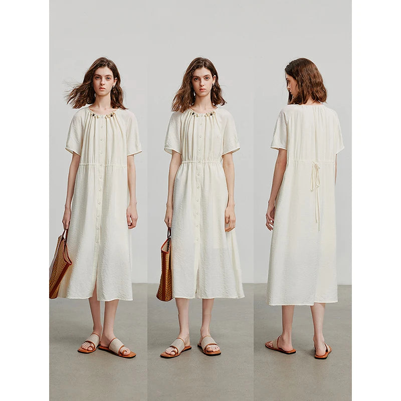 Vestido Midi Solto em Viscose com Manga Pétala
