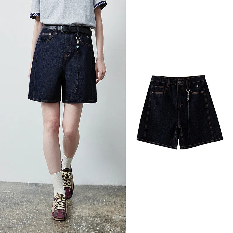 Shorts Jeans Feminino Wide Leg 100% Algodão com Pingente