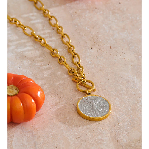 Yhpup Round Double Sided Angel Pendant Drop Necklace Stainless Steel Golden Chain Toggle-Clasps Statement Jewelry Waterproof