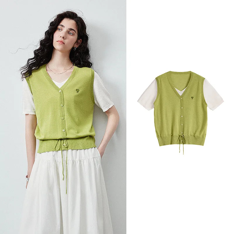 Blusa Feminina de Tricô com Decote V e Efeito Duas Peças