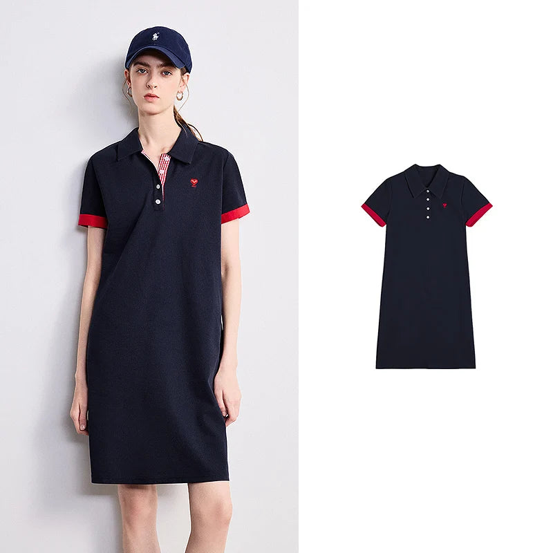 Vestido Polo Curto com Contraste de Cor e Bordado Navy Blue