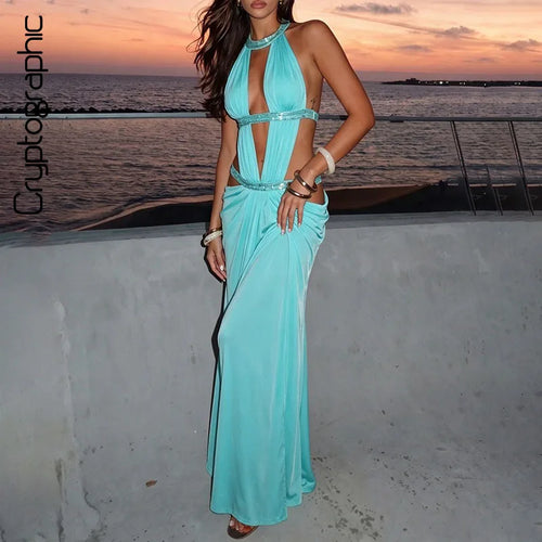 Vestido Midi Feminino Azul Céu com Brilho e Recortes