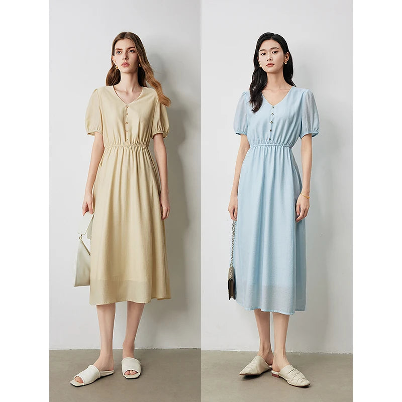 Vestido Midi com Decote V e Manga Bufante Acetinado