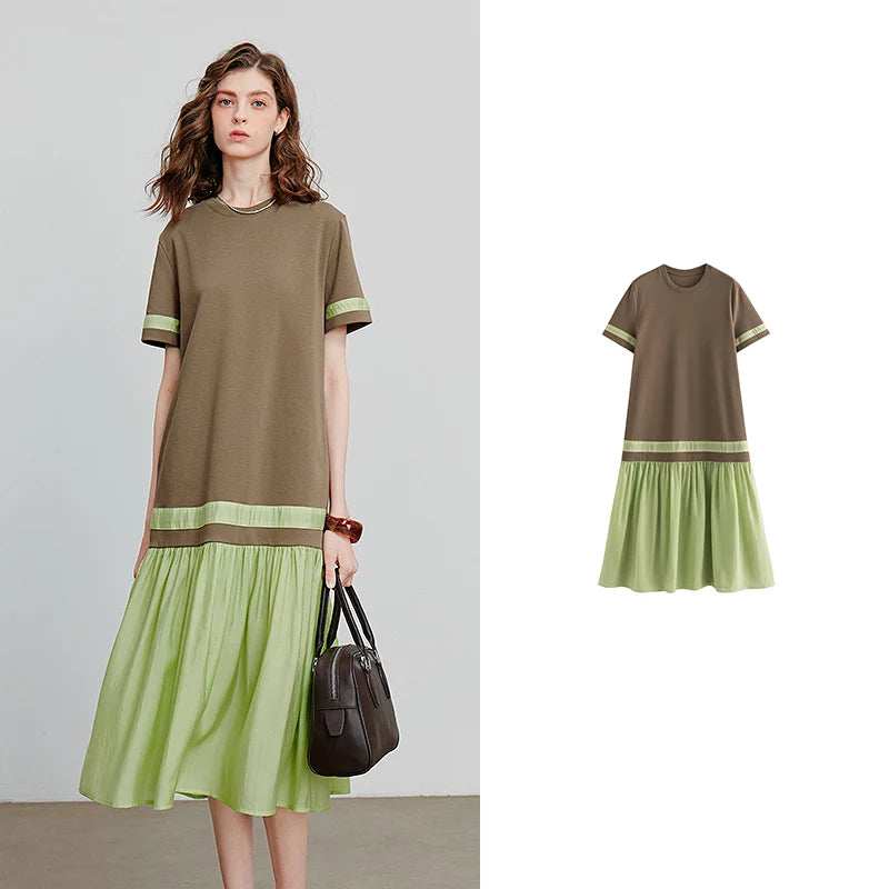 Vestido Midi Bicolor com Manga Curta e Caimento Solto Brown