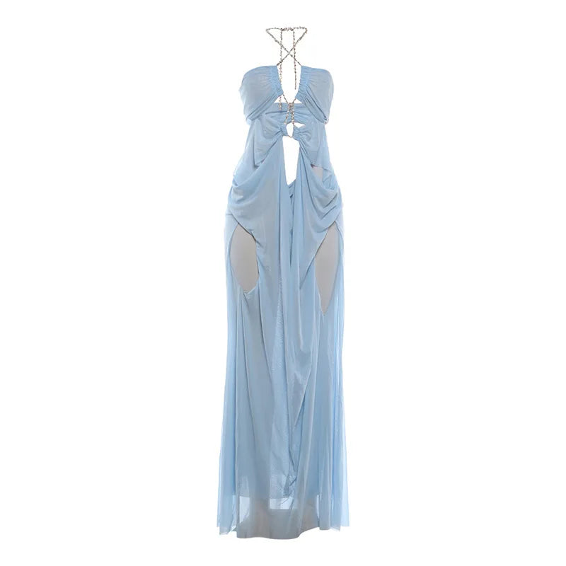 Vestido Longo Feminino de Chiffon com Recortes e Decote V Sky Blue