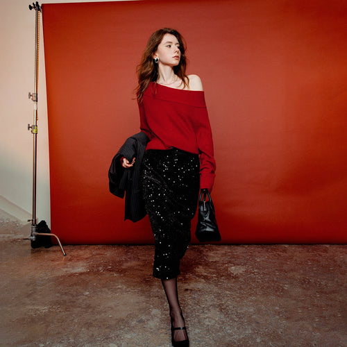 Suéter Vermelho Ombro a Ombro com Toque Mohair