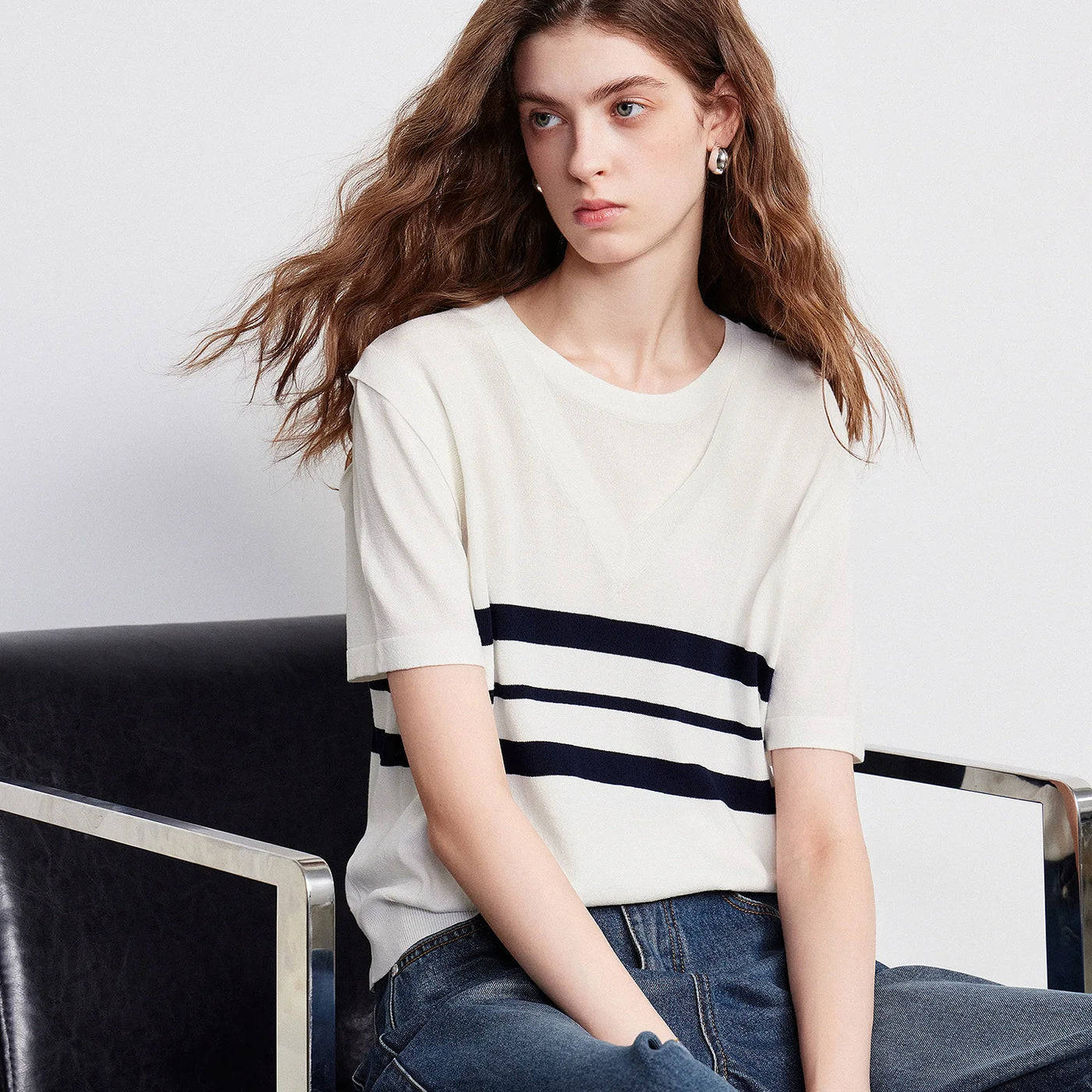 Blusa Feminina de Linho Listrada Patchwork Efeito Duas Peças