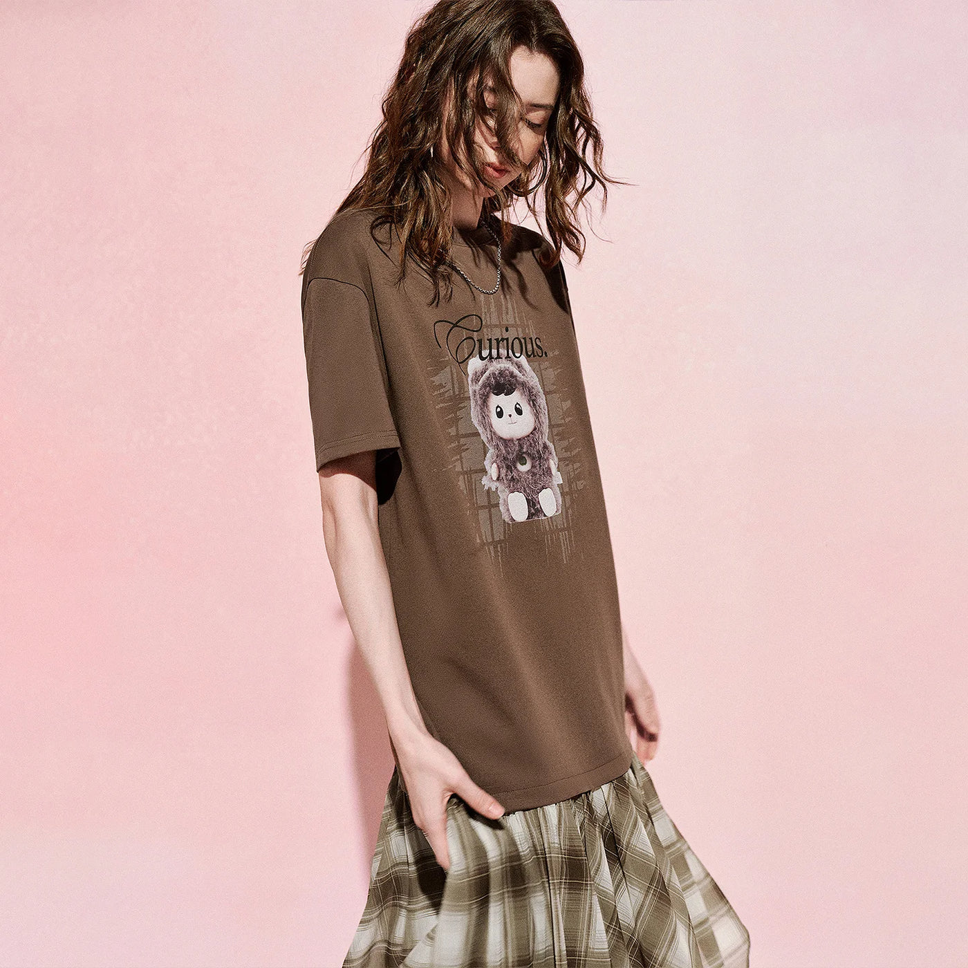 Vestido Camiseta Midi Estampado Xadrez