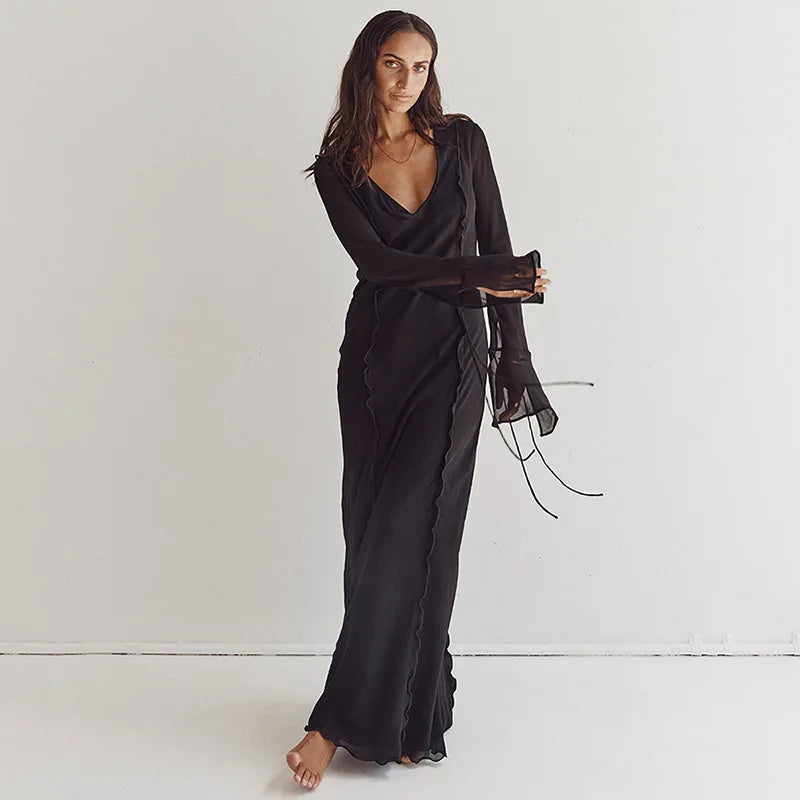 Vestido Longo Feminino de Tule Transparente com Manga Flare black