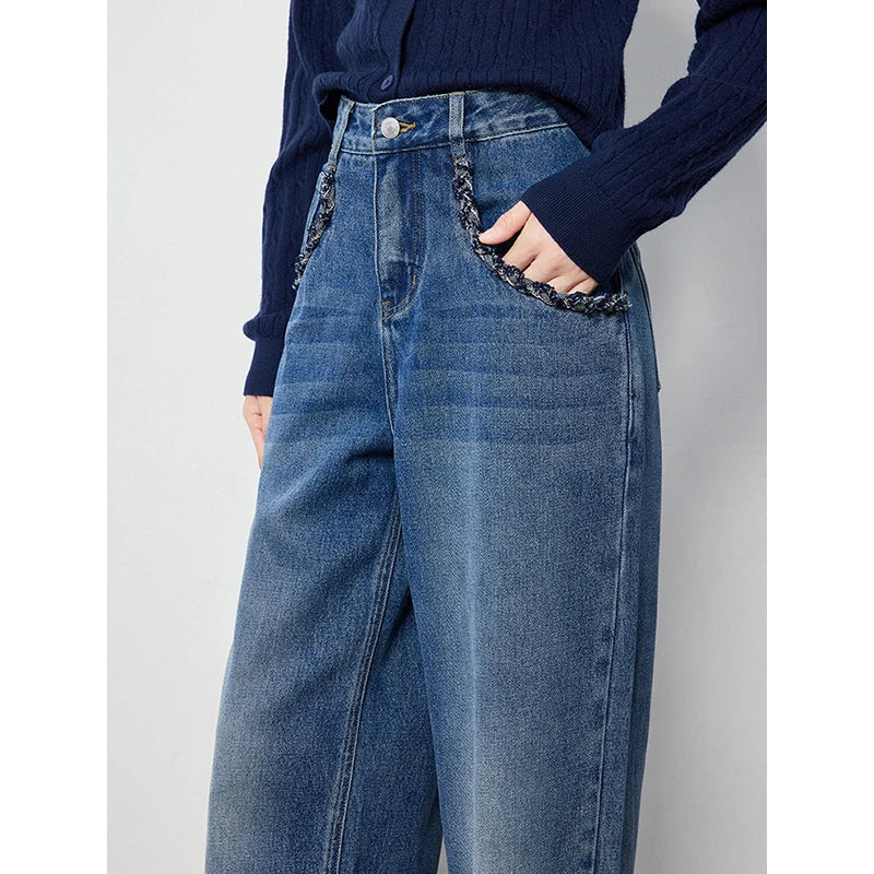 Calça Jeans Feminina Wide Leg Cintura Alta Texturizada