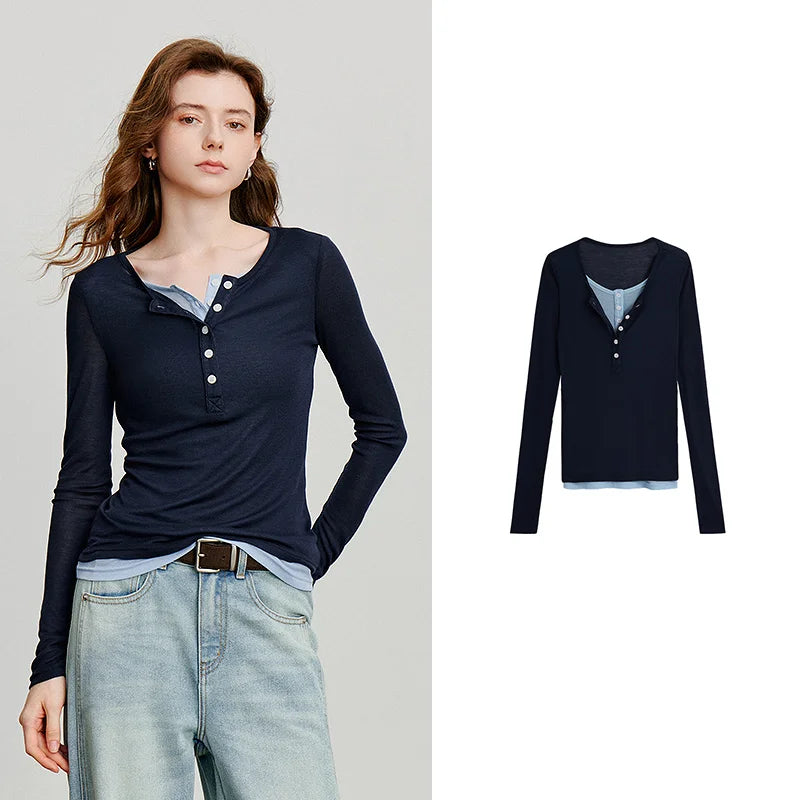 Blusa Feminina Leve Color Block Efeito Duas Peças