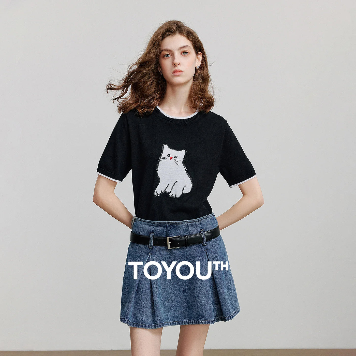 Blusa Feminina de Tricô Jacquard Gato Manga Curta