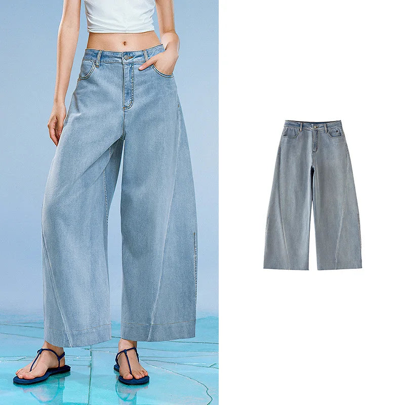 Calça Jeans Feminina Barrel Cropped Leve com Elastano