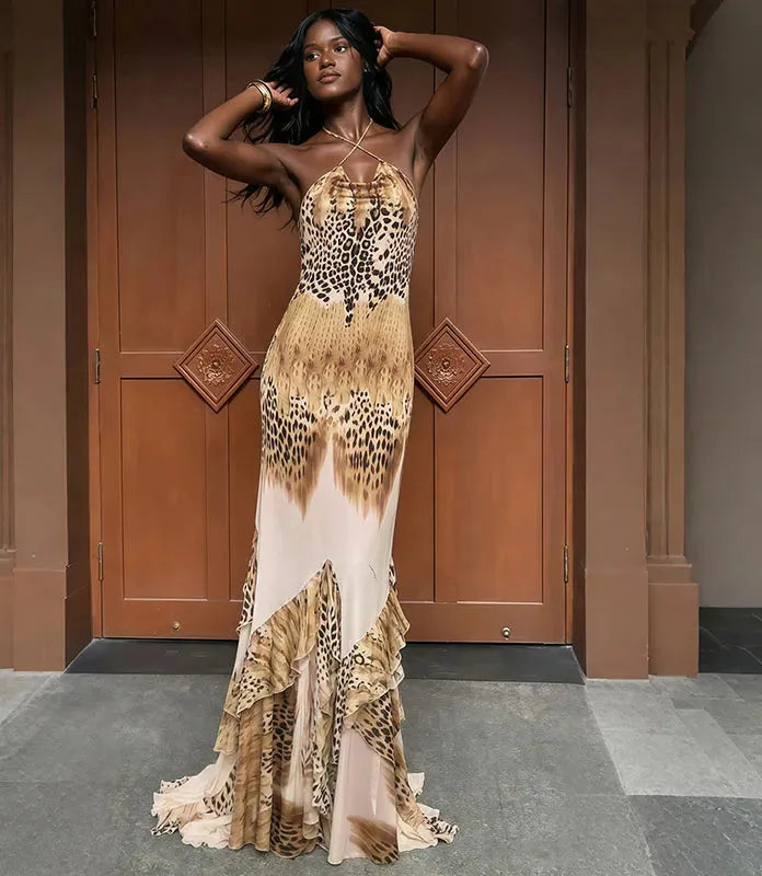 Vestido Midi Feminino Animal Print com Gola Degagê