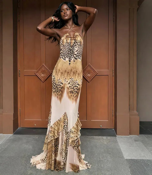 Vestido Midi Feminino Animal Print com Gola Degagê