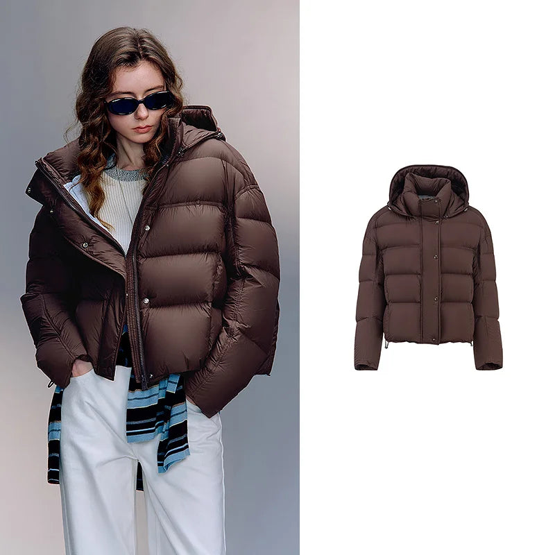 Jaqueta Puffer Feminina 90% Plumas com Capuz Ultralight Brown