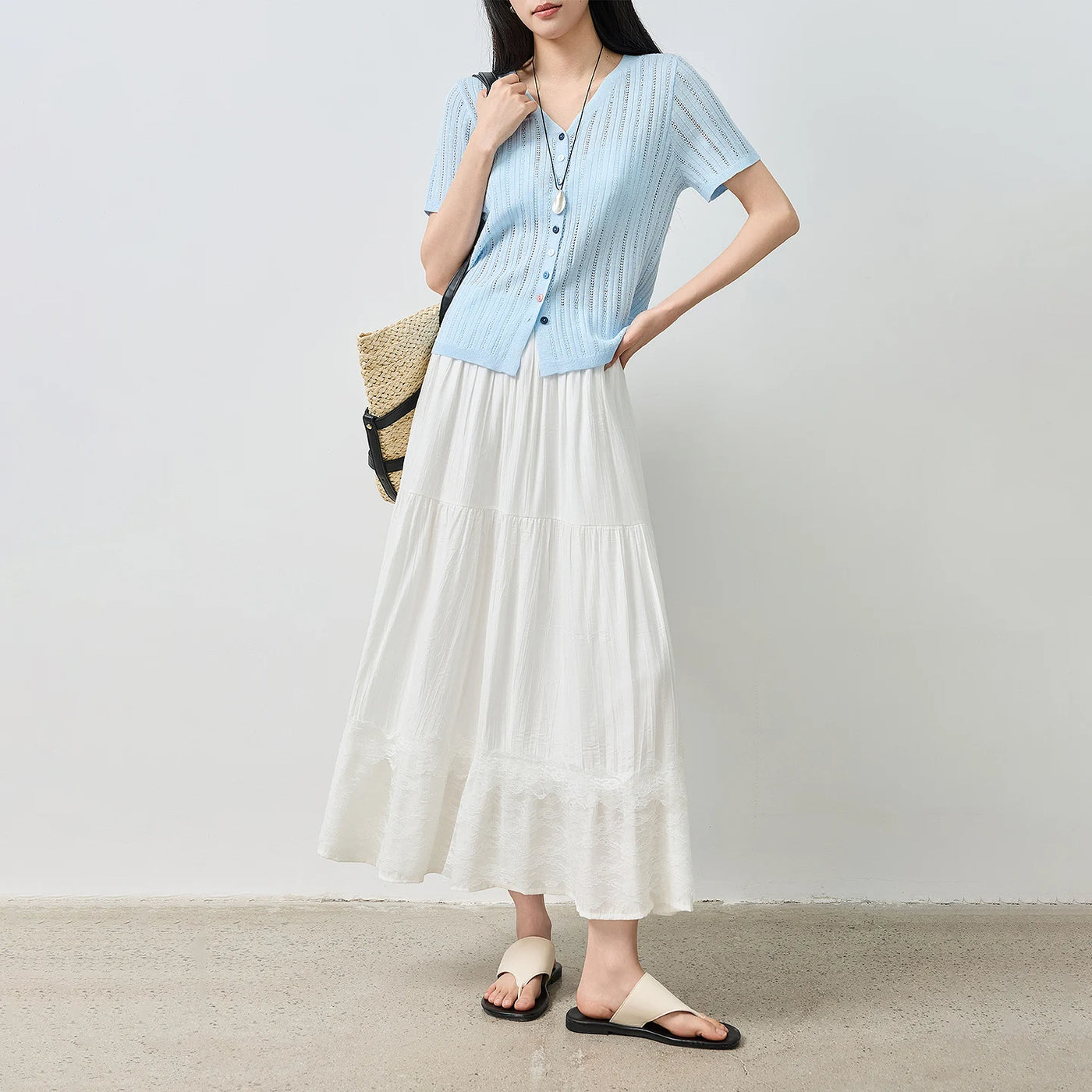 Saia Midi Feminina com Renda Patchwork Texturizada
