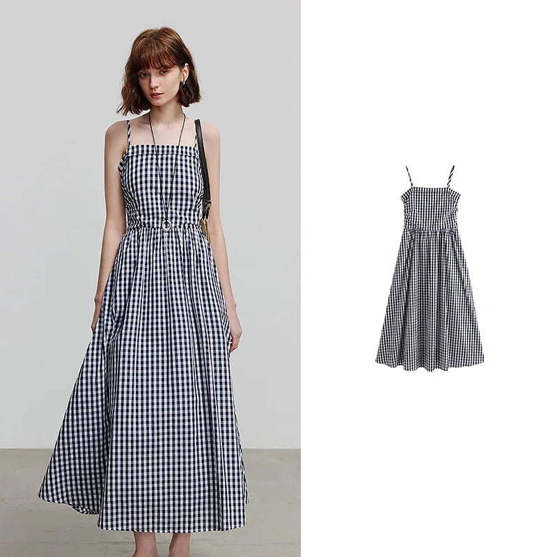 Vestido de Alças Midi Xadrez com Cintura Marcada