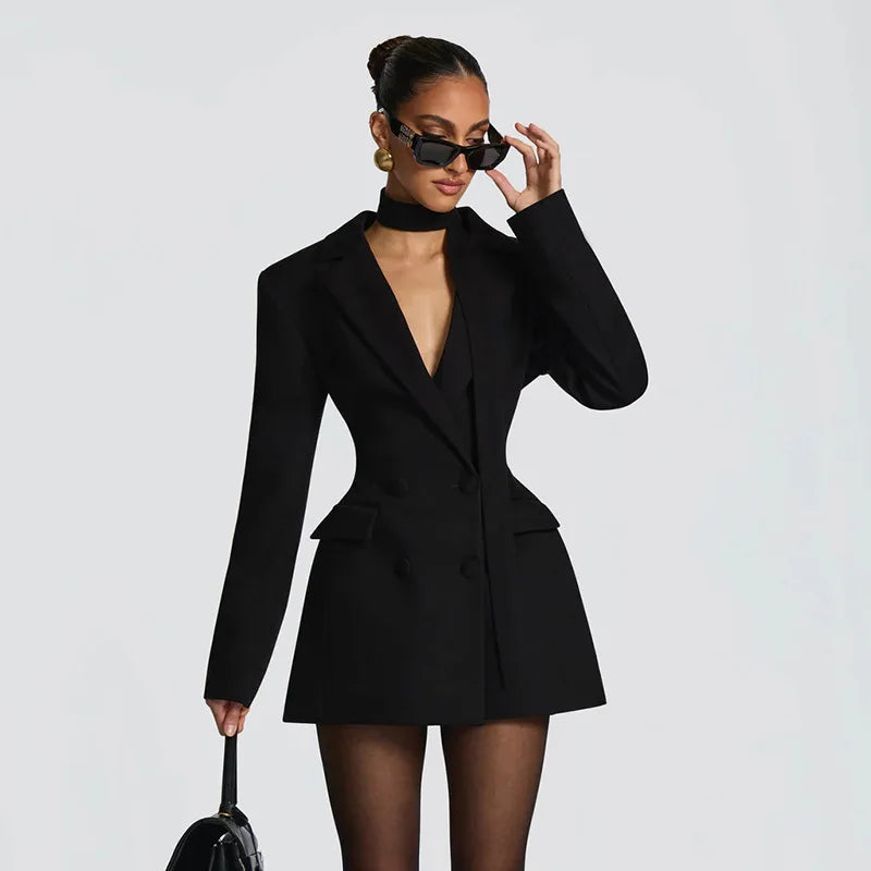 Vestido Blazer Feminino com Ombreiras e Saia Evasê black