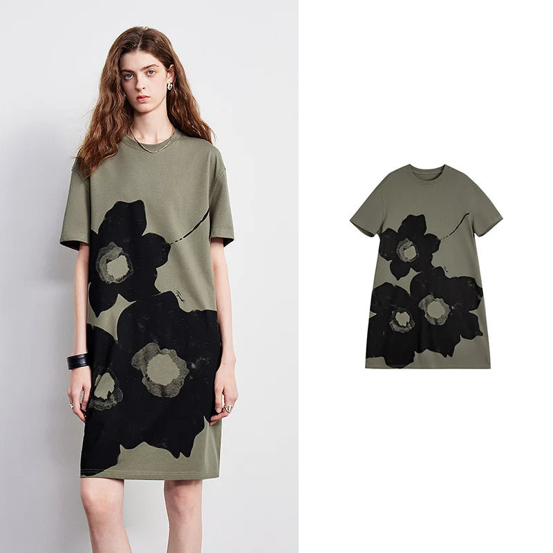 Vestido Camiseta Floral de Algodão com Caimento Solto Green