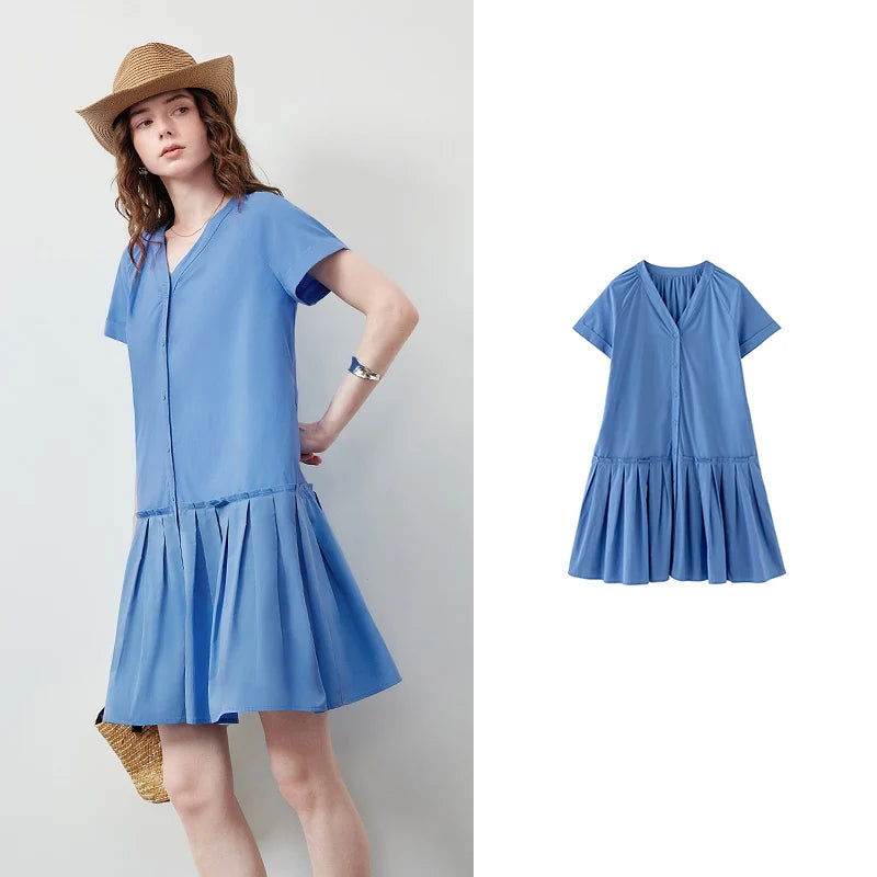 Vestido Curto em Algodão com Decote V Azul