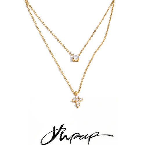 Yhpup High Quality Double-Layer Chain Zirconia Cross Pendant Delicate Necklace Stainless Steel Temperament Fashion Gift Jewelry