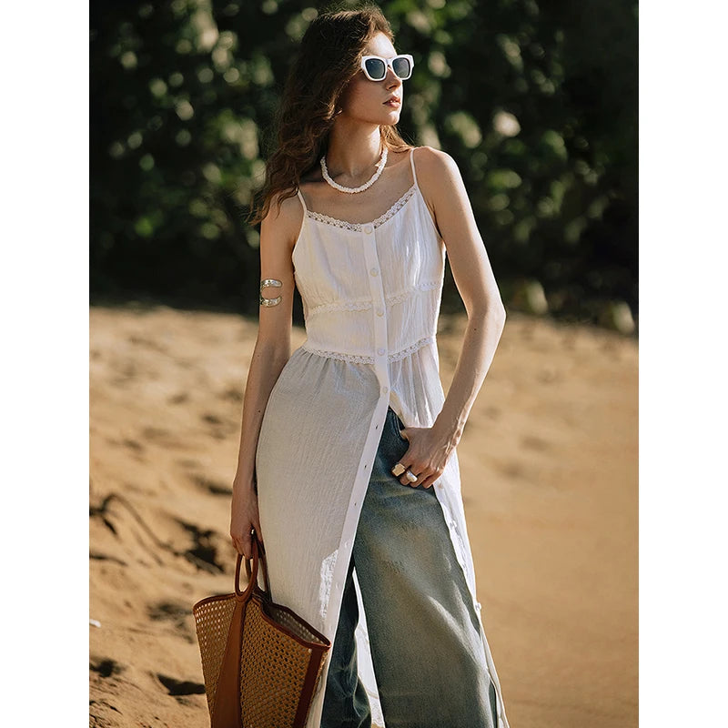 Vestido Midi Listrado de Liocel sem Manga