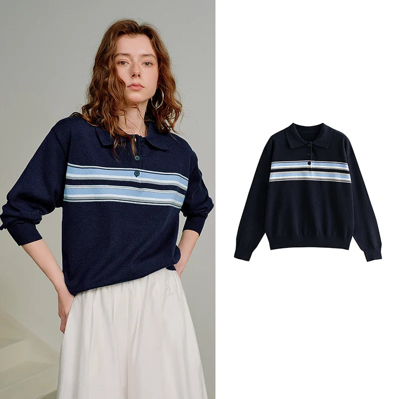 Polo de Tricô Feminina Listrada em Viscose com Botões