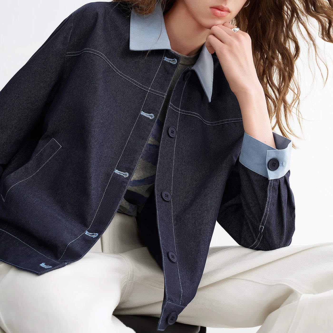 Jaqueta Feminina Efeito Jeans Patchwork Duas Peças