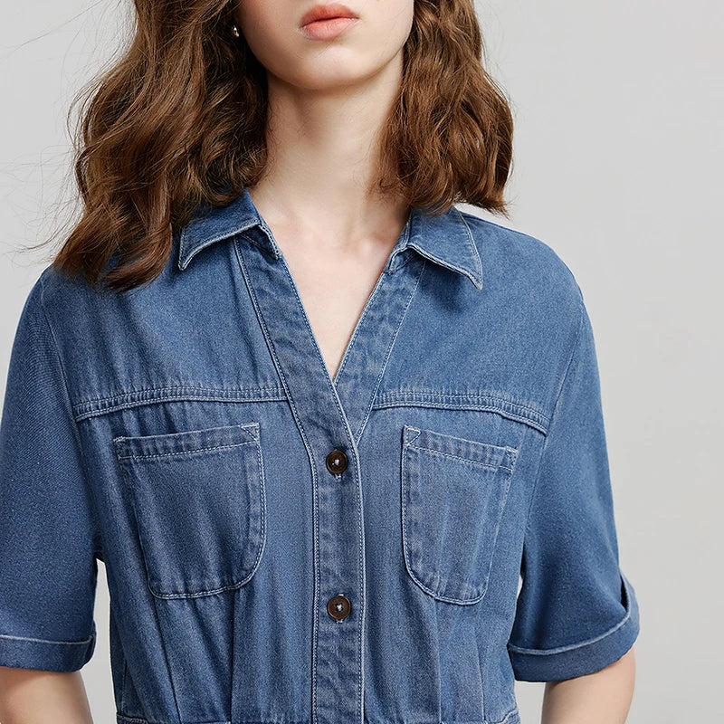 Vestido Chemise Midi Jeans com Bolsos