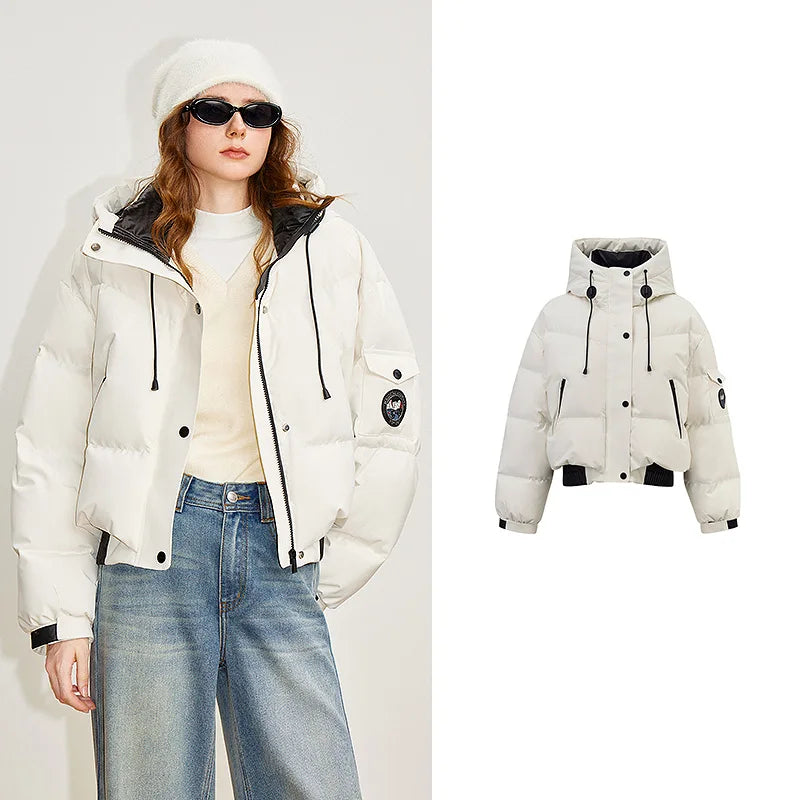 Jaqueta Puffer Feminina com Capuz e Recortes Coloridos White