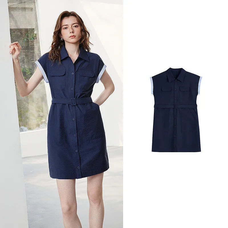 Vestido Chemise Curto com Bolsos e Cinto