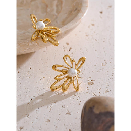 Yhpup Arrivals Hollow Flower Stud Earrings 2025 Stainless Steel Imitation Pearls Trending Elegance Daily Jewelry Rust Proof