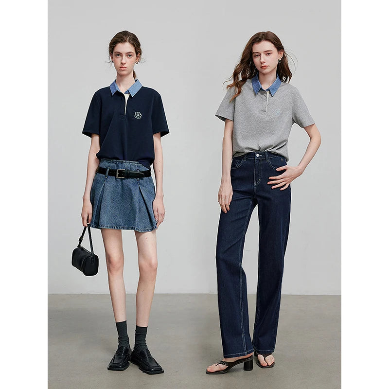 Camiseta Polo Feminina Piquet com Gola Jeans e Bordado