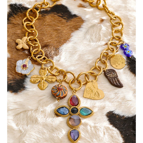 Yhpup Stainless Steel Chain Zircon Cross Flower Heart Pendant Charm Statement Necklace Statement Jewelry 18K Golden PVD Plated
