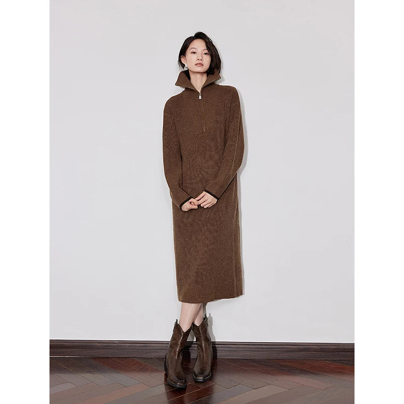 Vestido de Malha Midi Marrom com Zíper
