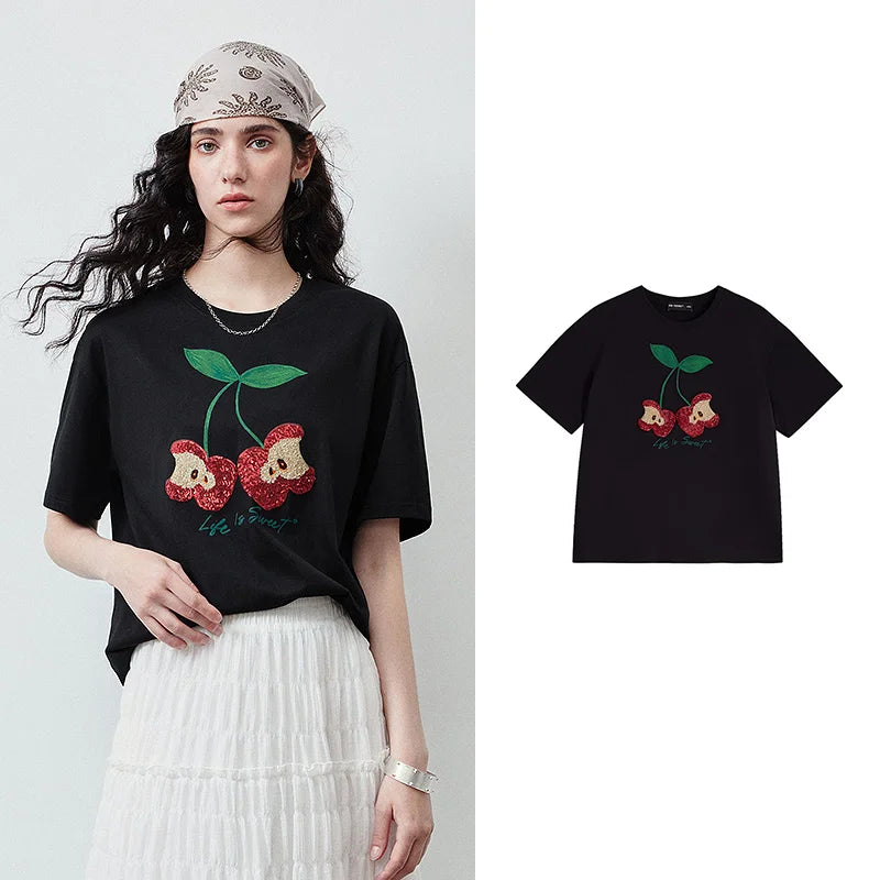 Camiseta Feminina de Liocel Color Block com Bordado Maçã