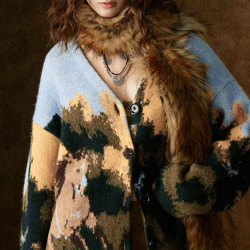Cardigan Feminino de Tricô Estampado com Decote V