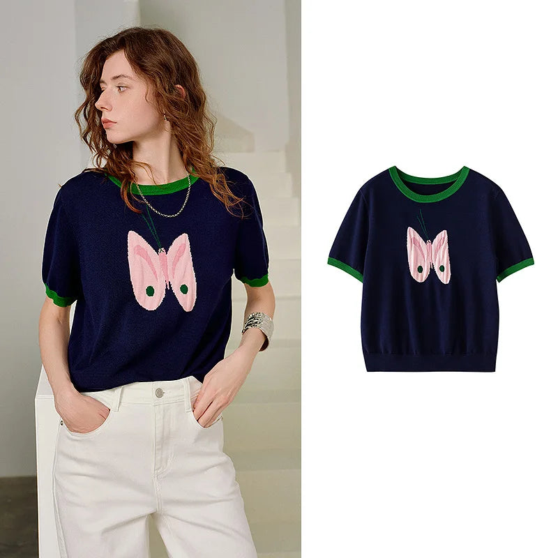 Blusa de Tricô Feminina em Liocel Manga Curta Color Block