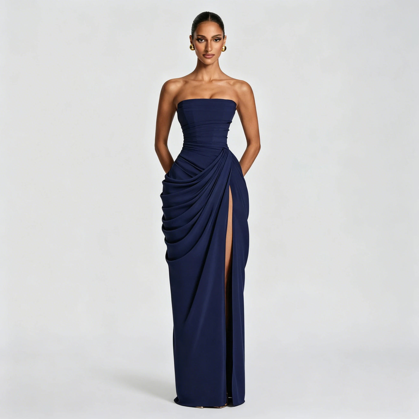 Vestido Longo Feminino Tomara que Caia com Drapeado e Fenda Navy Blue