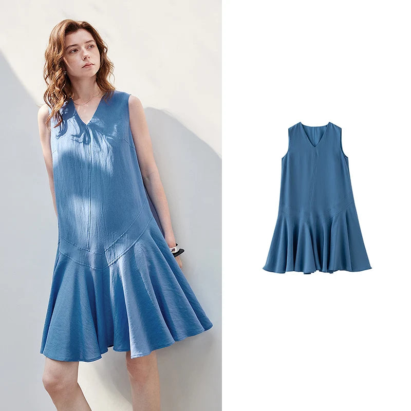 Vestido Midi de Liocel com Decote V e Barra Sereia Glazed Blue