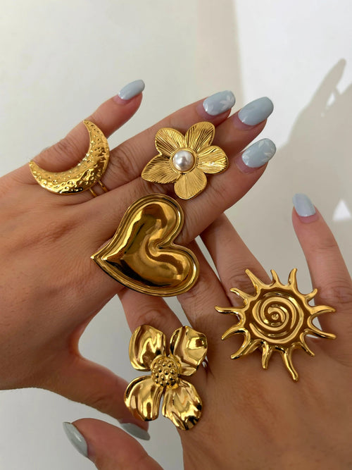 Anel Aberto Coração, Flor, Sol e Lua com Banho Ouro 18K