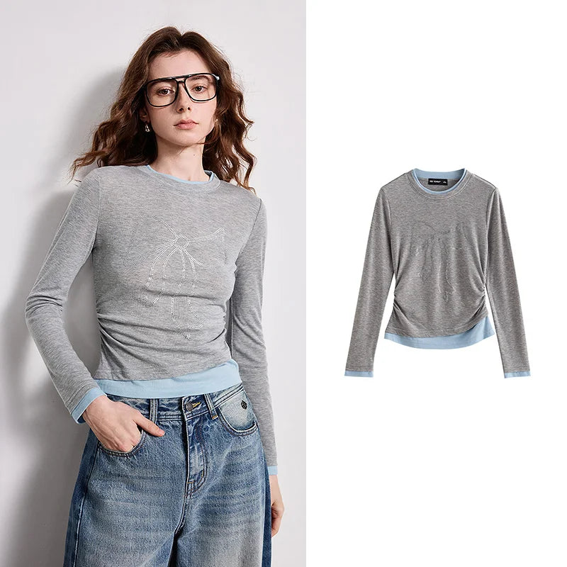 Blusa Feminina de Lã Efeito Duas Peças com Laço e Strass