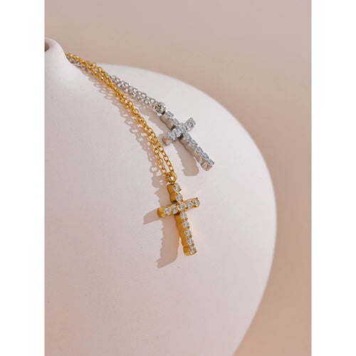 Yhpup Delicate Shiny Cubic Zirconia 316L Cross Pendant Necklace for Women Stainless Steel High Quality Jewelry Water Resistant