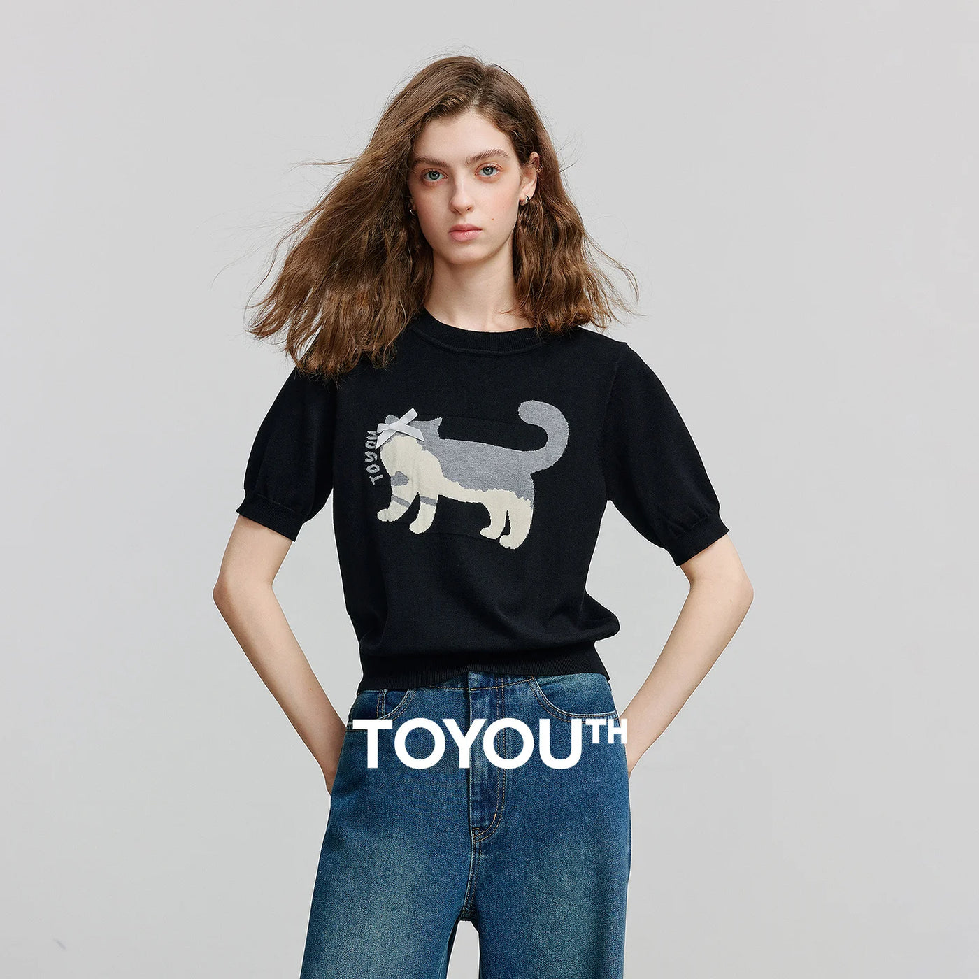 Blusa Feminina de Tricô Jacquard Gato com Laço