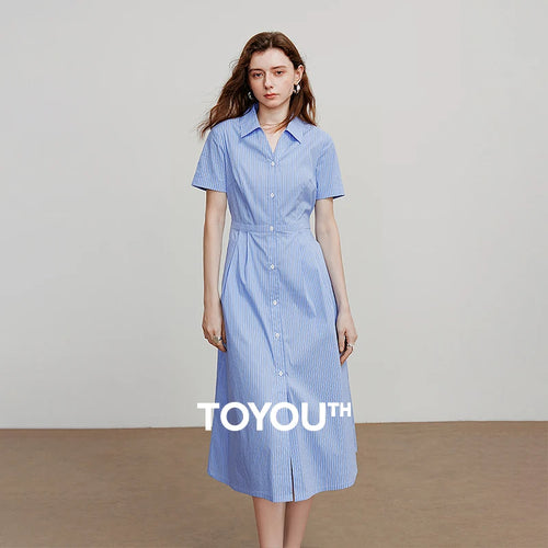 Vestido Chemise Midi Listrado Azul e Branco
