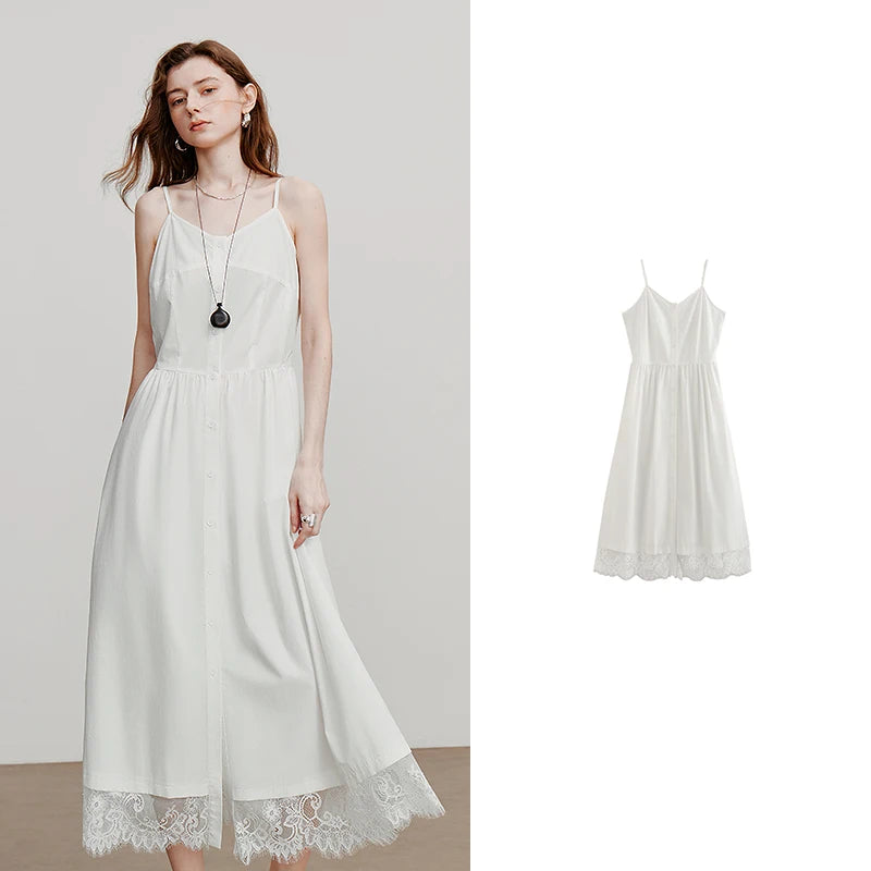 Vestido Midi de Liocel com Alças e Detalhe de Renda Beige