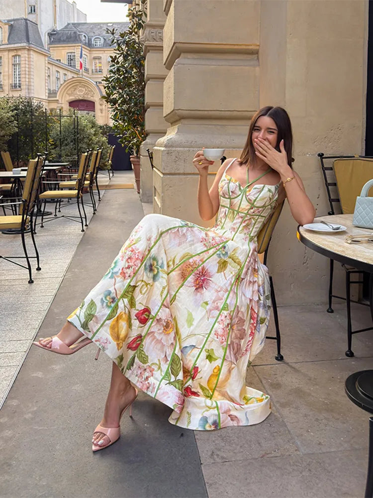 Fashion Print Women Dress Floral Halter Tube Tops Sleeveless Lace Up Waist-Closed Female Dresses 2026 Spring Summer Lady Robe